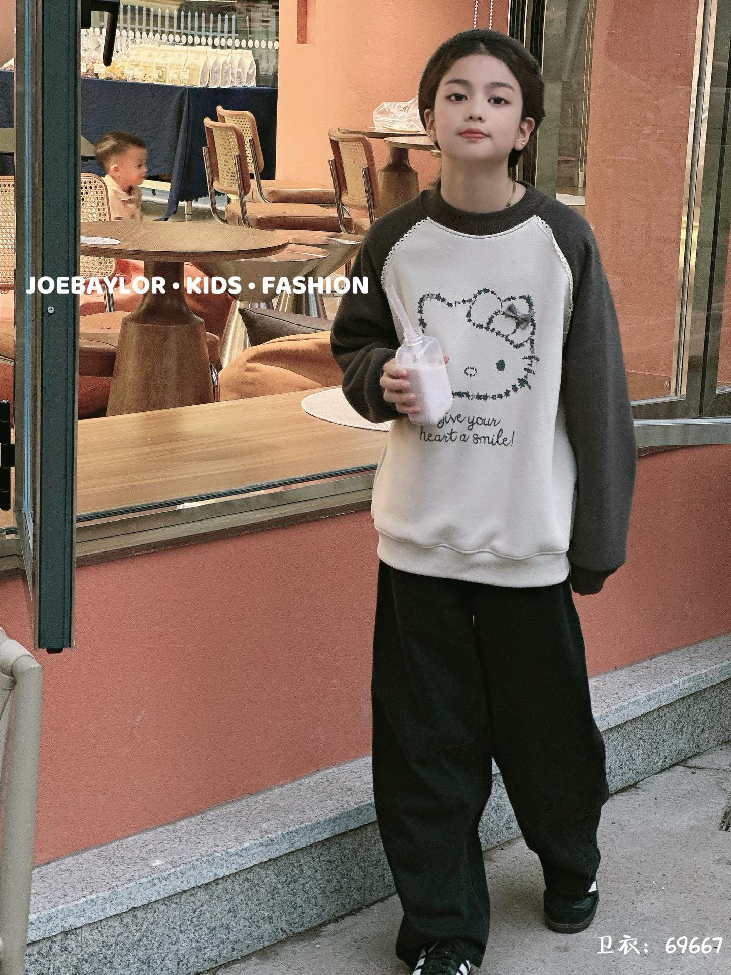 乔家女童冬季加绒卫衣猫咪69667 拼色一体奥利绒洋气百搭蕾丝插肩