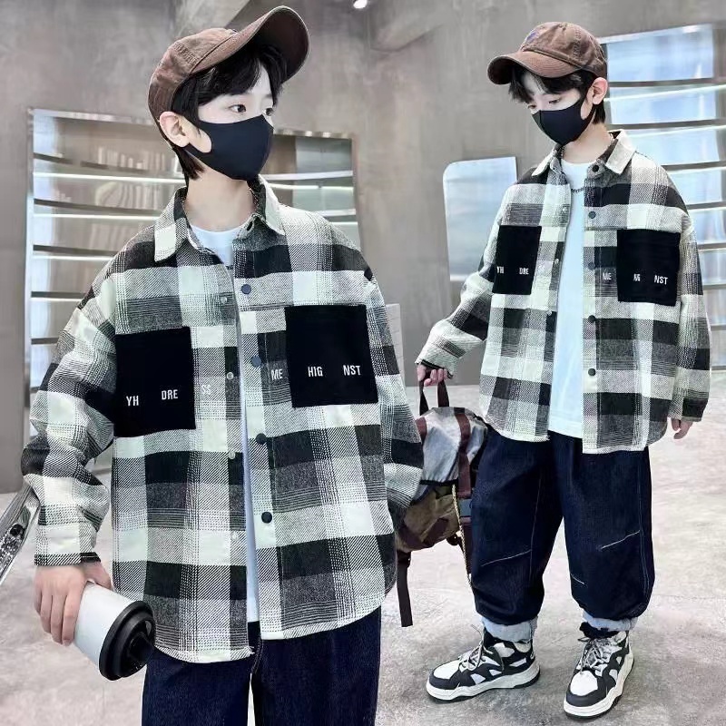 儿童2025春季新款牛仔格子衬衫B0533