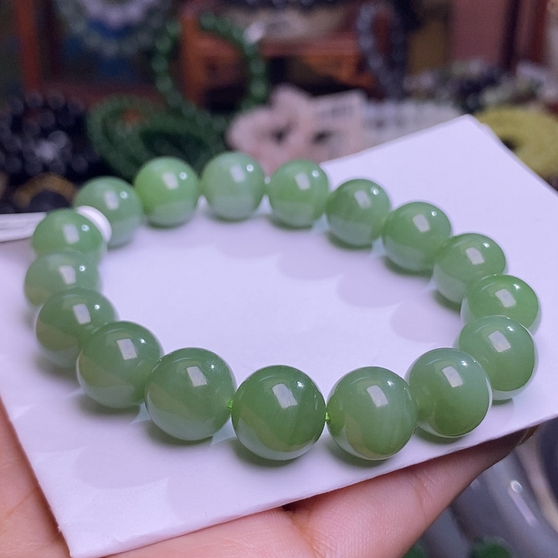 和田玉未镶嵌颈饰碧玉粉绿老矿料约12mm手串