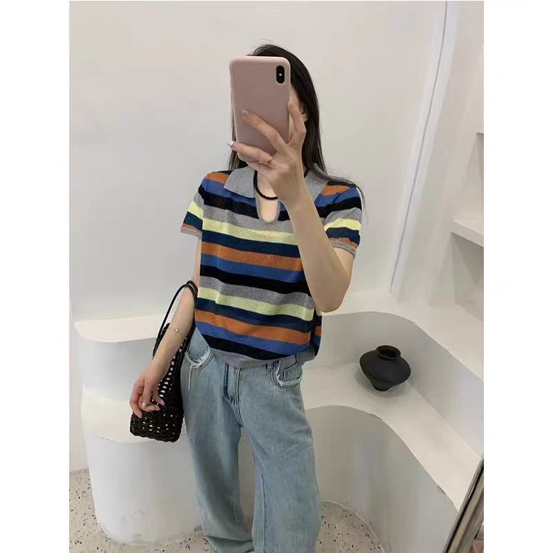 嘉姐家~夏季新款V领条纹polo衫T恤女短袖高级感女装（075）