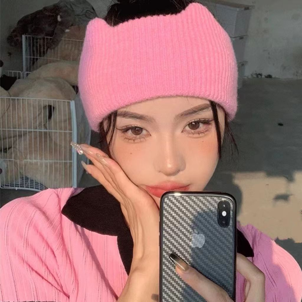 秋冬可爱猫耳朵针织发带宽边运动头套女性高弹性洗脸月子发箍