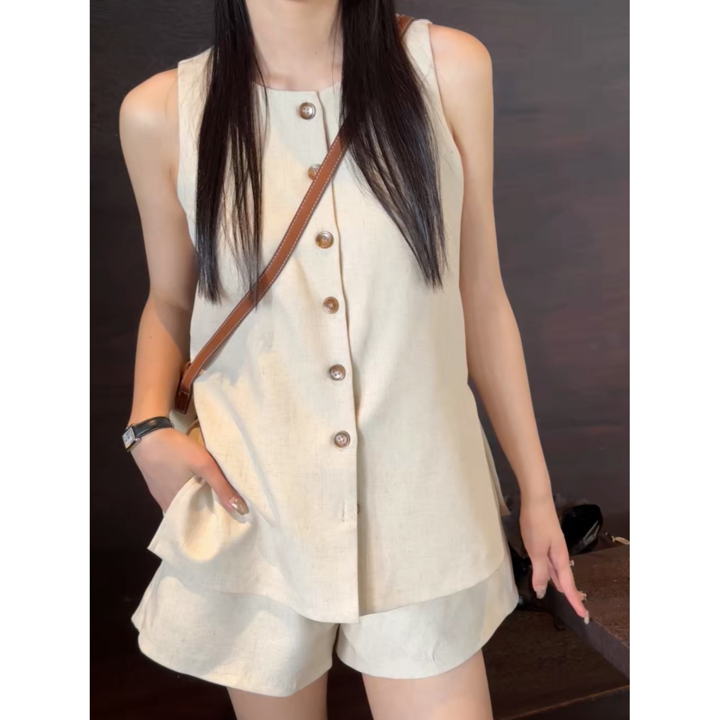 48H【随心玩家】加长老钱风慵懒马甲长裤两件套套装JY384