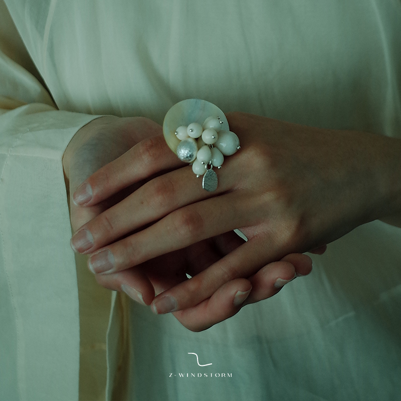 Z-WINDSTORM 925银贝壳戒指 黄玉石水葡萄贝壳串珠戒指 小众手工