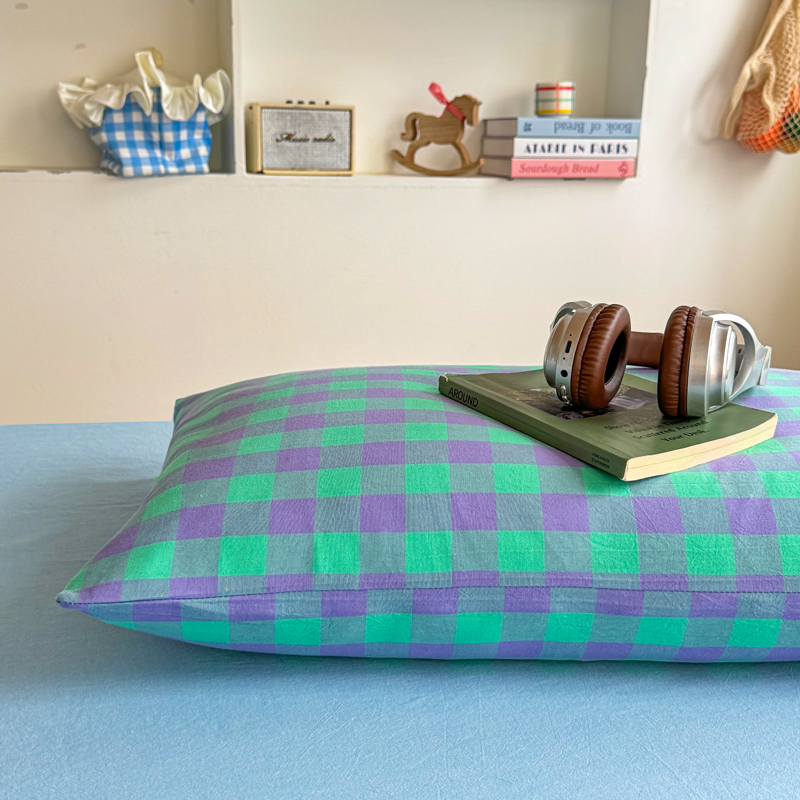 无印风格子枕头套  枕皮  