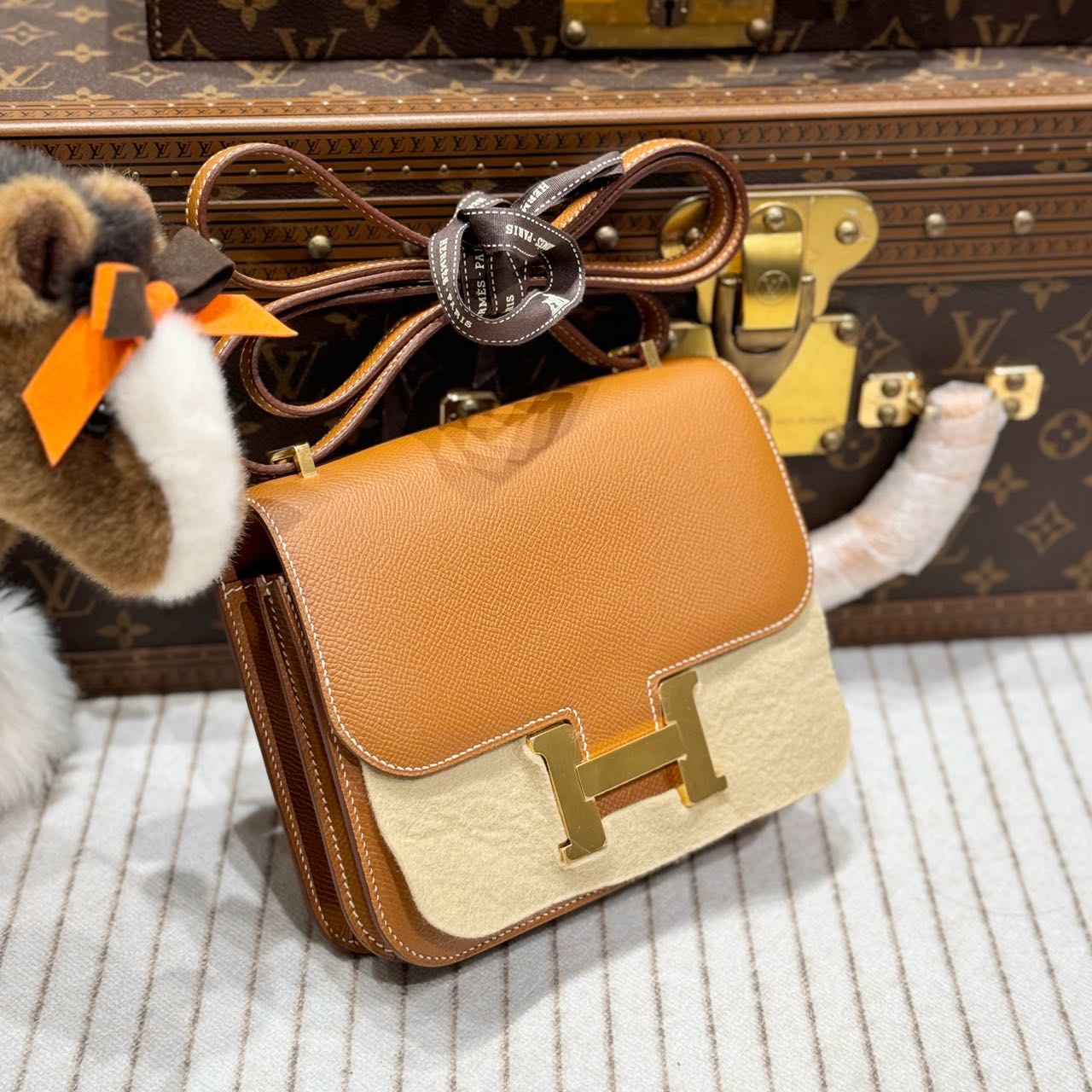全新未使用 Hermes/爱马仕 lina/康康19金棕金包/b刻全套