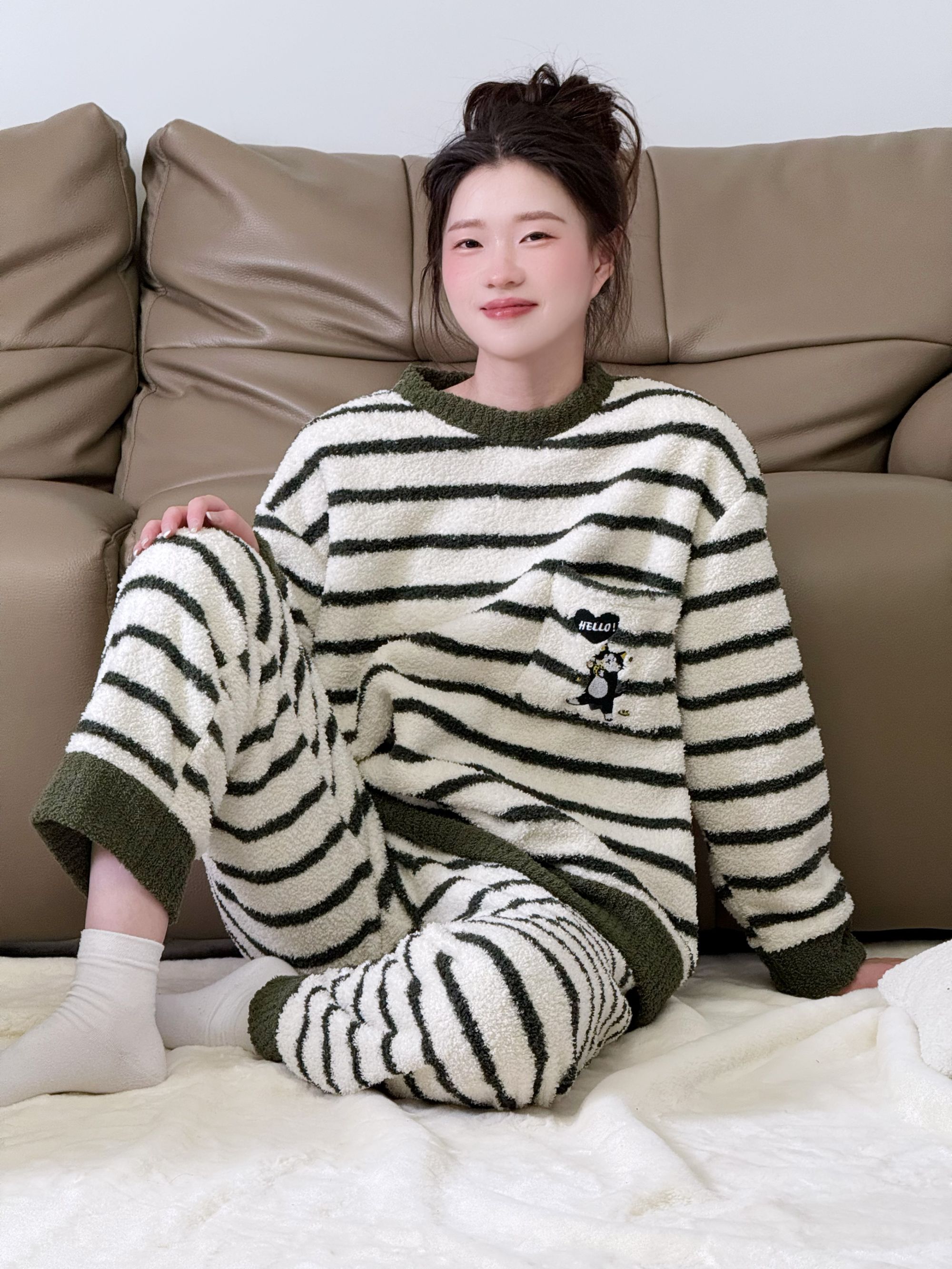 蓉姿卡家居服套装条纹风睡衣保暖加厚长袖冬季