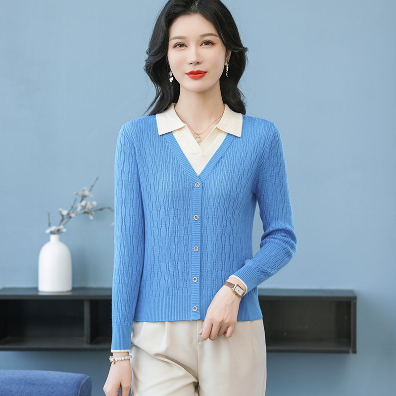 2025春季新款时尚女士翻领毛衣气质宽松休闲长袖百搭显瘦毛衣