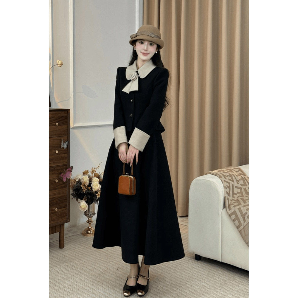 【财阀女主】早冬法式名媛千金风套装毛呢外套+半裙撞色玫瑰两件套