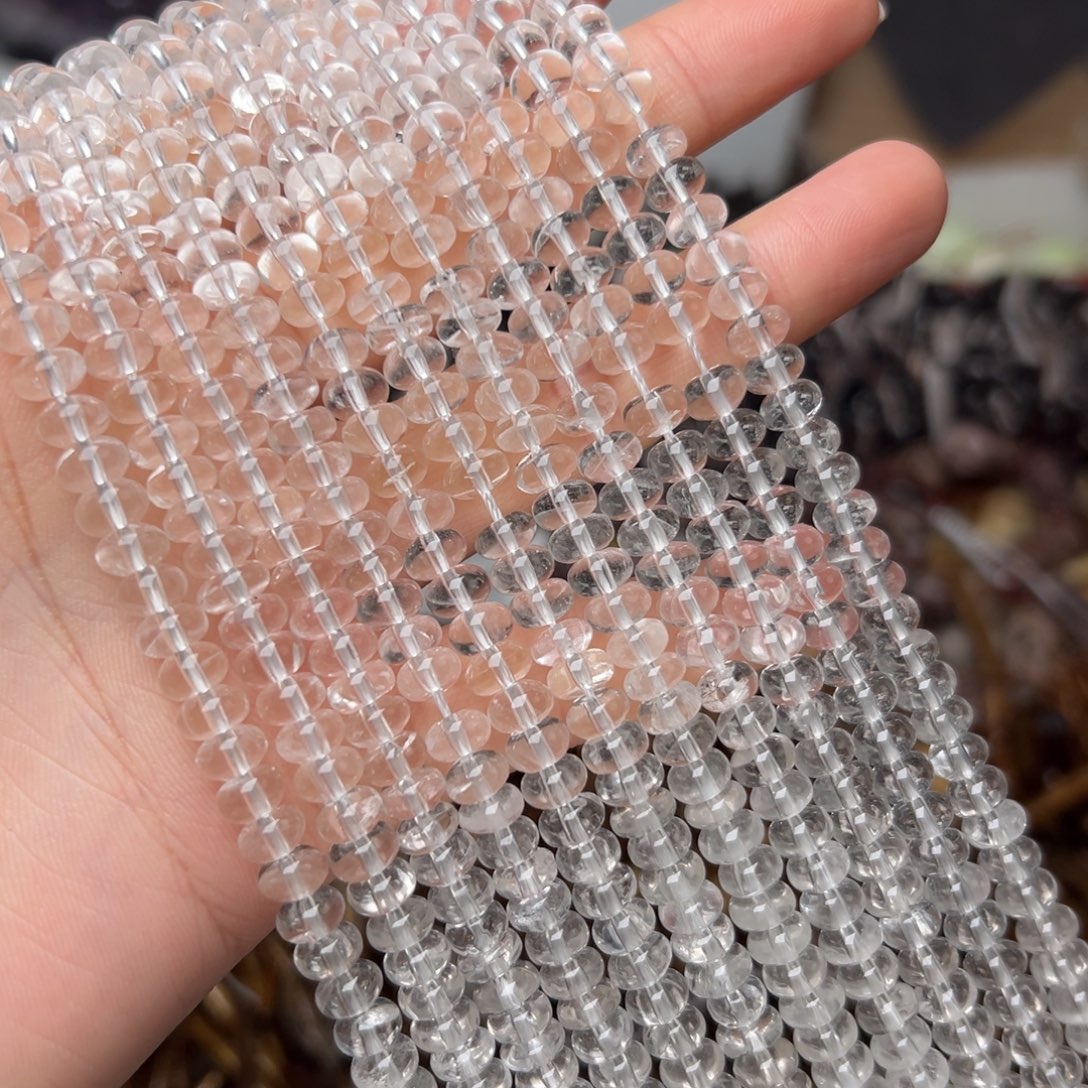 玛瑙/玉髓合金珠宝半成品N478。6.4mm天然白水晶算盘珠一条