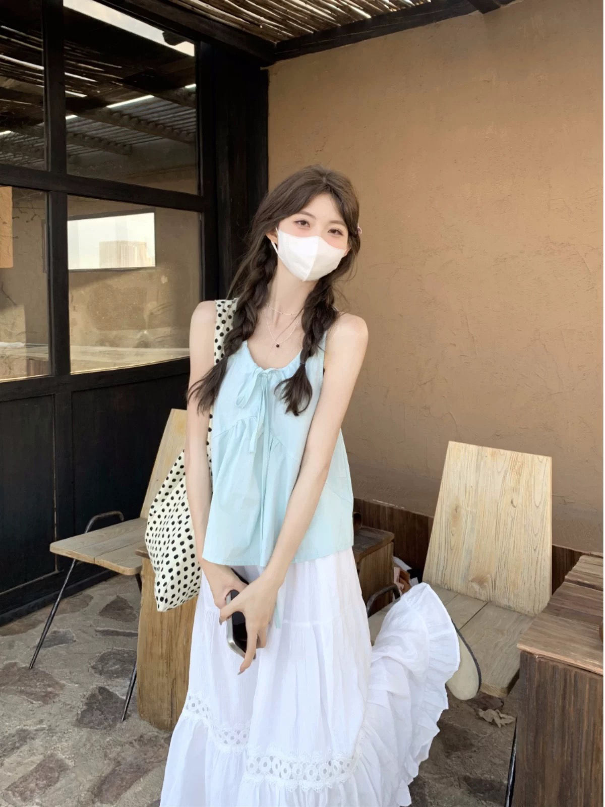 夏季baby奶蓝色吊带背心娃娃小衫女设计感甜美蝴蝶结无袖上衣