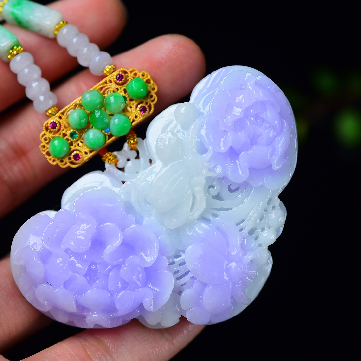 天然A货翡翠紫罗兰花开富贵设计款毛衣链