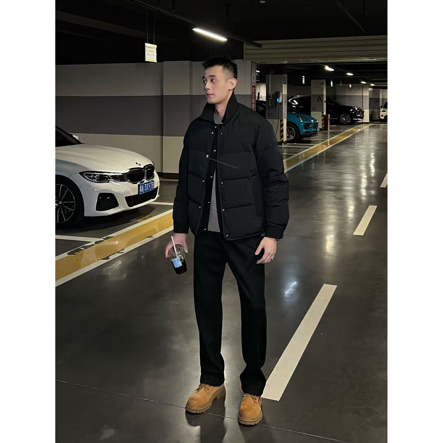 【冠什么希男装】冬季「针织拼接 I 假两件排扣」翻领保暖羽绒服外套