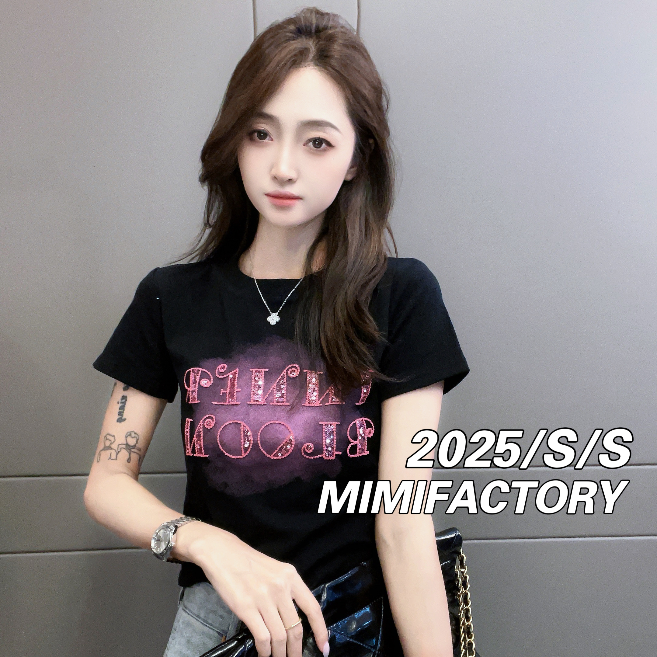 芈芈  2025夏季新款 刺绣字母亮片印花短袖T恤女修身显瘦上衣025#