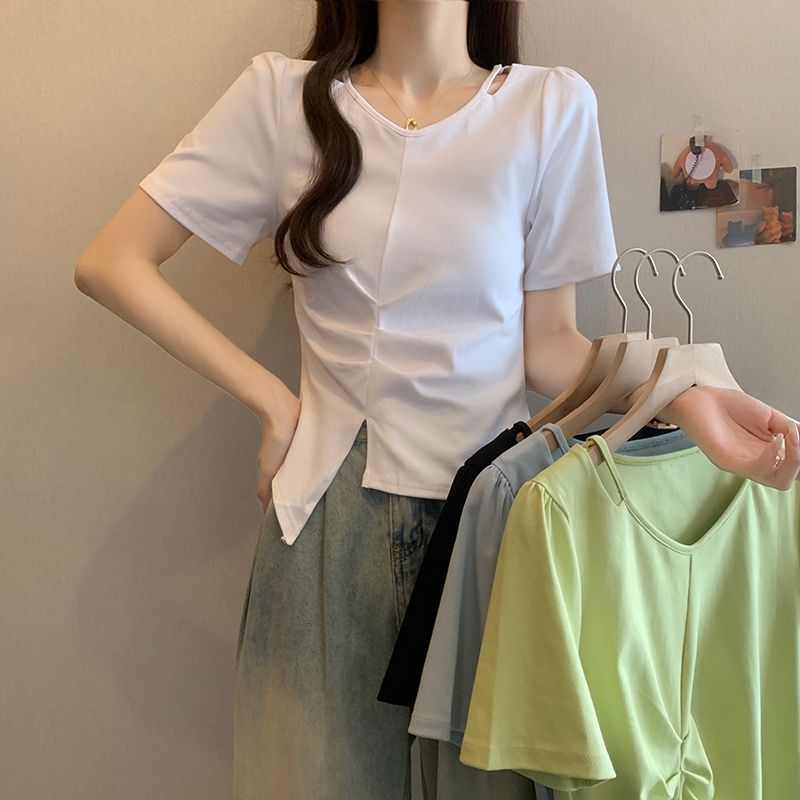 A大码简约休闲不规则开叉短袖T恤女夏季时尚百搭宽松显瘦通勤上衣