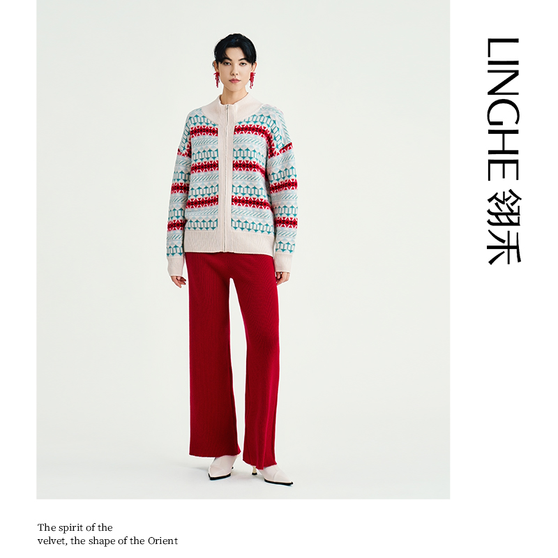 翎禾LINGHE「费尔岛 」-长袖高领针织开衫70%绵羊毛
