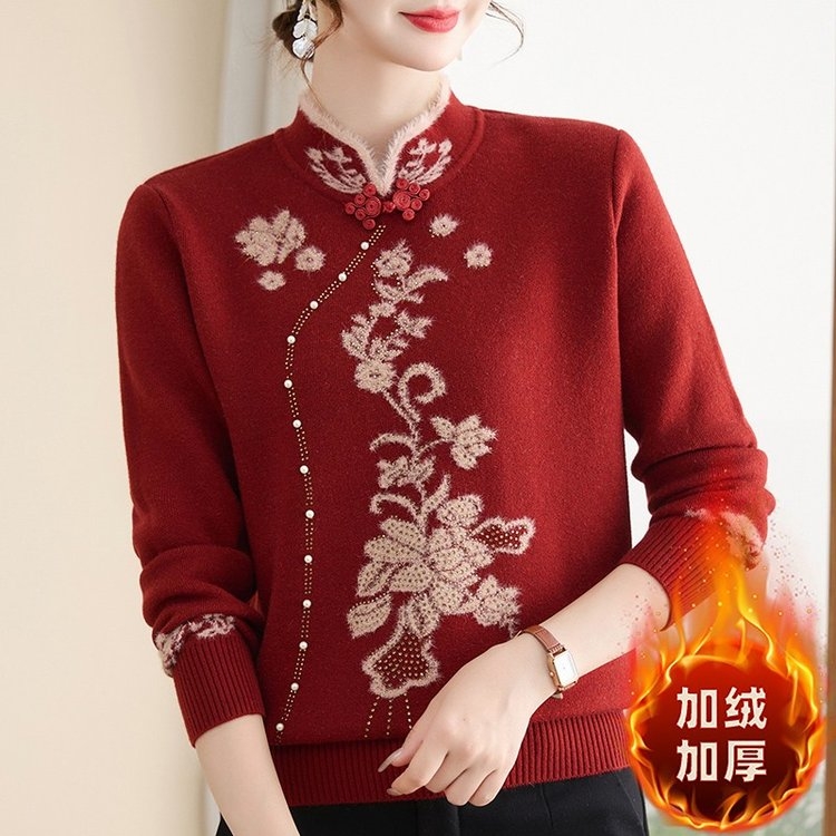 新年红妈妈装新款国风旗袍领加厚保暖毛衣洋气减龄中老年女装