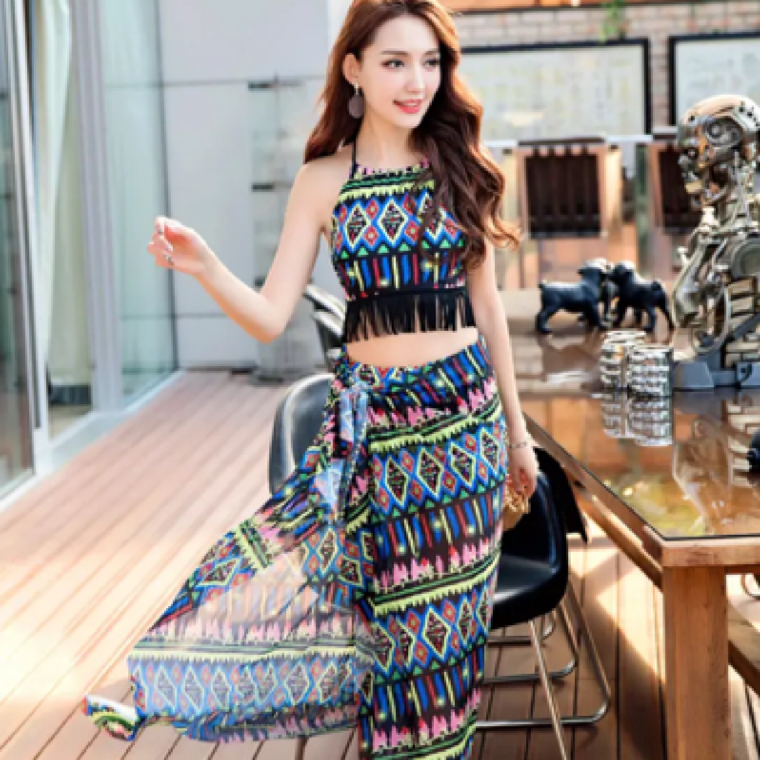 舒漫民族风女夏分体小裙式保守显瘦遮肚新款泳衣夏季女士长裙