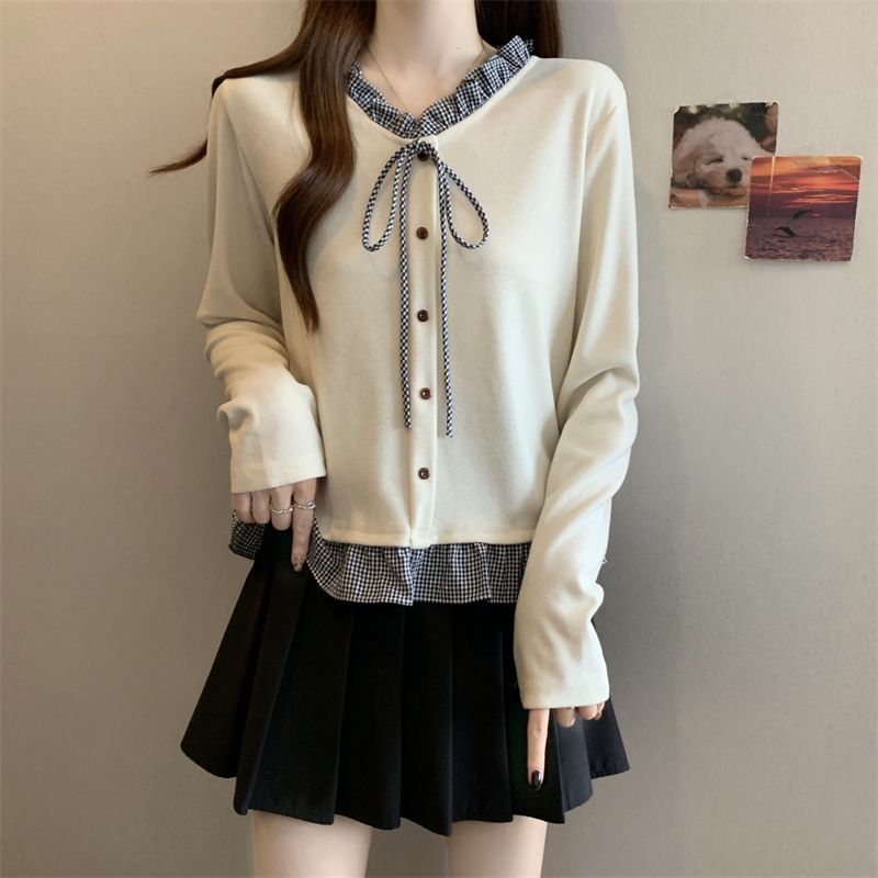 300斤大码女装秋冬德绒假两件纽扣设计长袖T恤女宽松遮肚正肩上衣