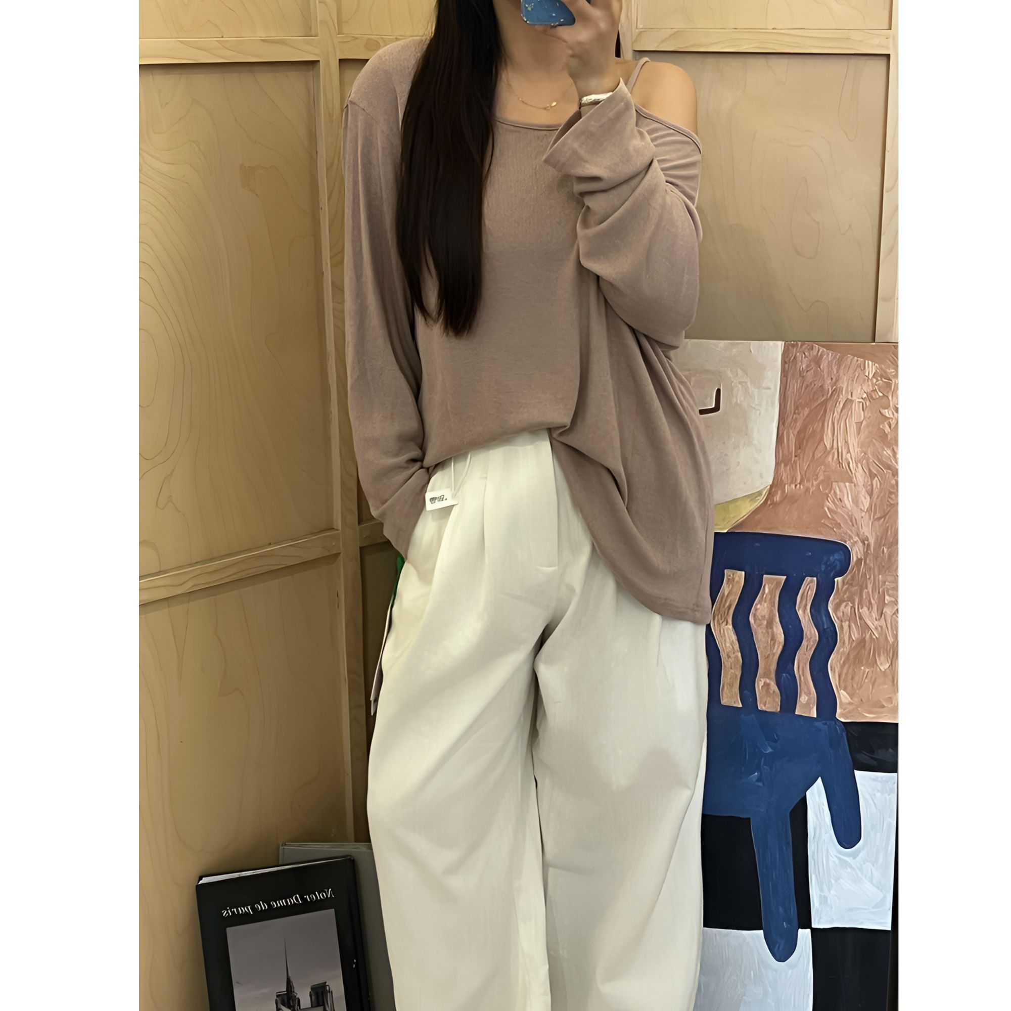 晶咕 小众设计感吊带露肩长袖宽松上衣休闲慵懒风韩版百搭纯色