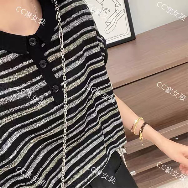 休闲风宽松型条纹女V领天丝莱赛尔针织衫宽松洋气夏季