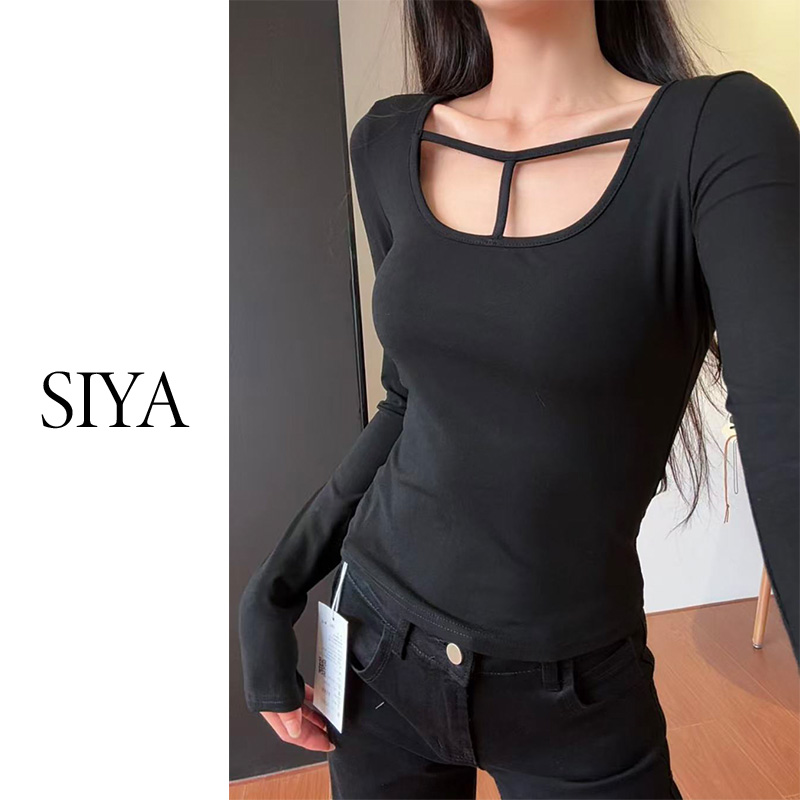 【SIYA】大圆领镂空设计气质长袖秋季女款性感修身T恤黑色百搭显瘦