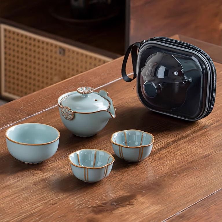 天青汝窑旅行茶具套装一壶三杯高端陶瓷快客杯家用户外便携式茶具