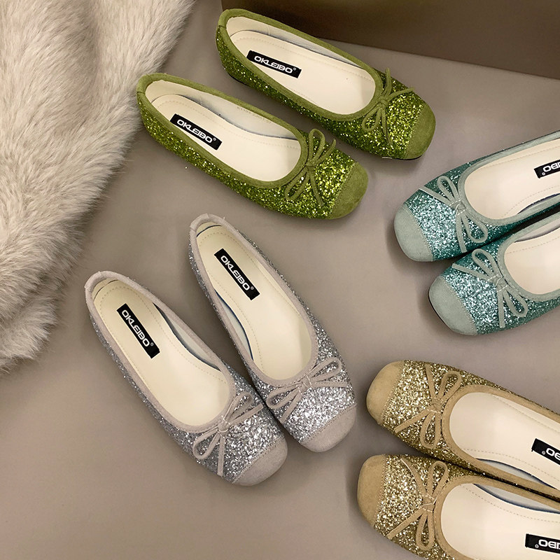 方头闪闪亮片蝴蝶结单鞋春季新款一脚蹬温柔平底通勤鞋
