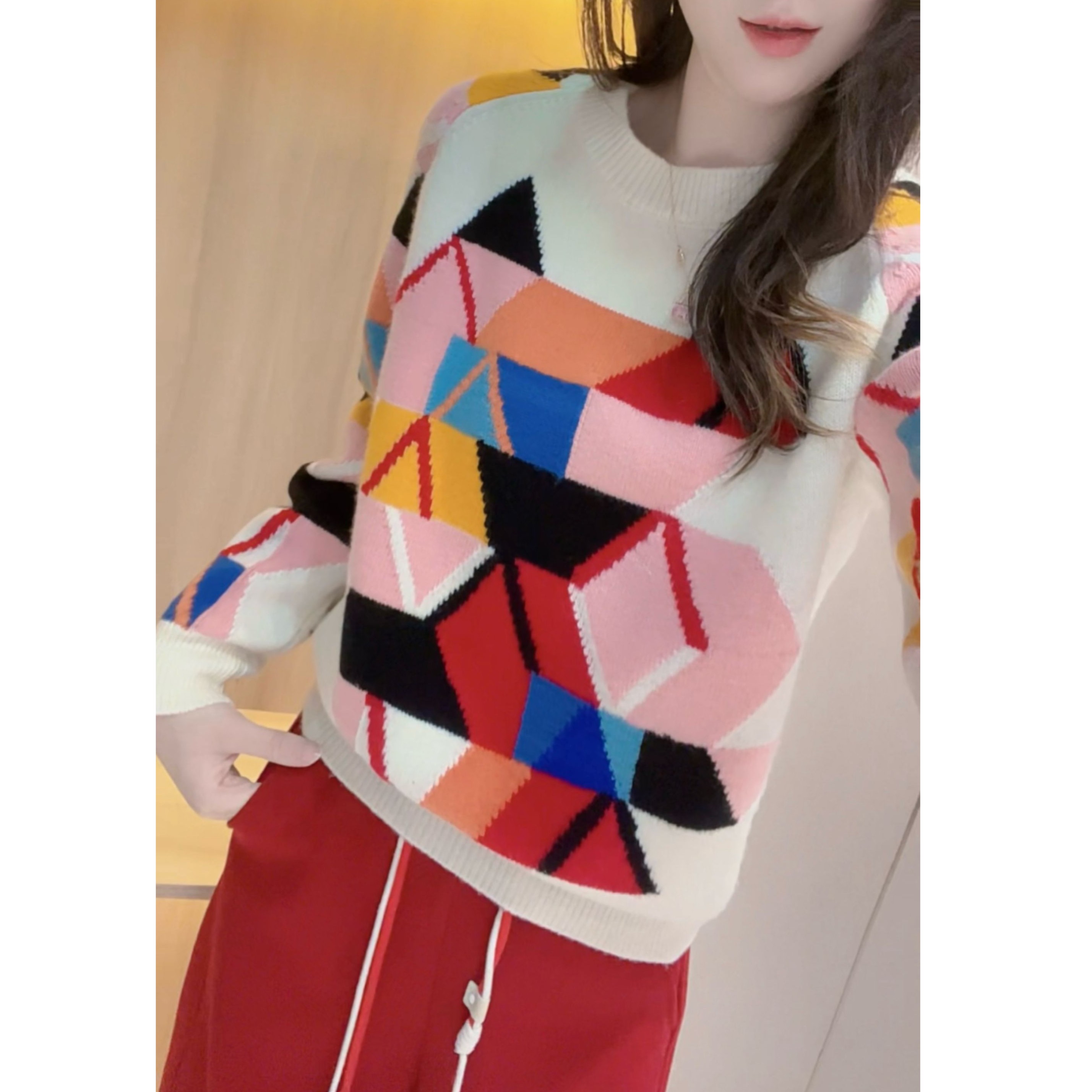 JIAN•简靓【拼色小狐狸全羊毛】2025秋冬新款圆领羊毛衫长袖上衣