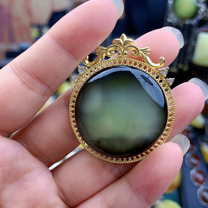 琥珀裸石银S925镶嵌坠