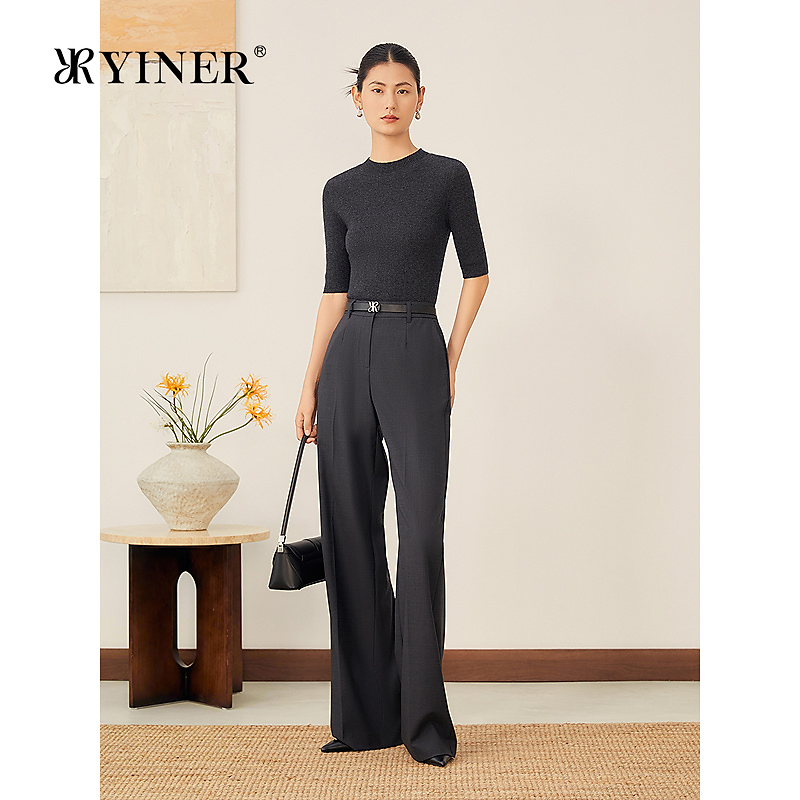 YINER音儿2025秋季新款法式智性灰美丽诺羊毛混纺亮丝针织衫套头