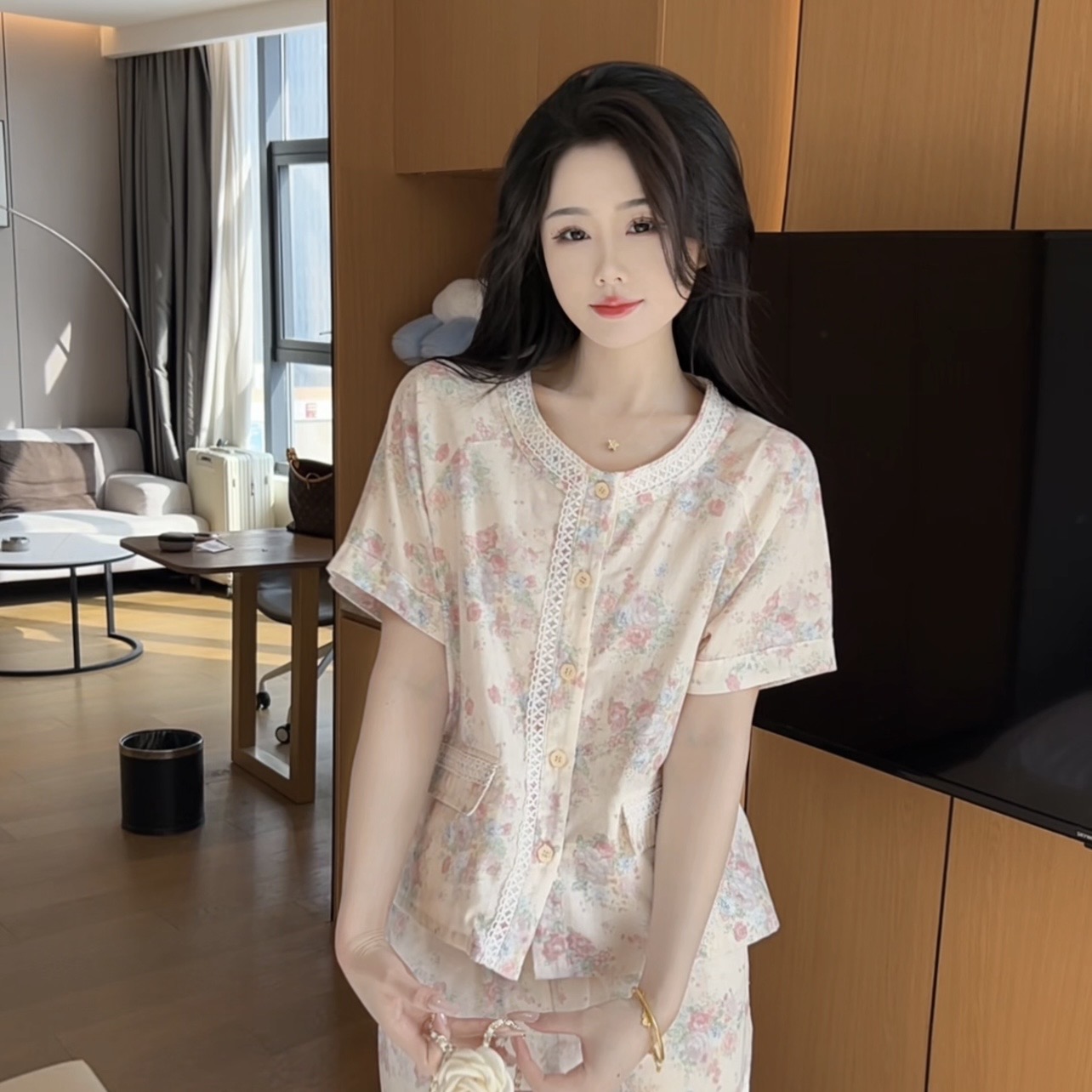 （繁花）夏季气质显瘦可爱女棉透气短袖套装家居服可外穿