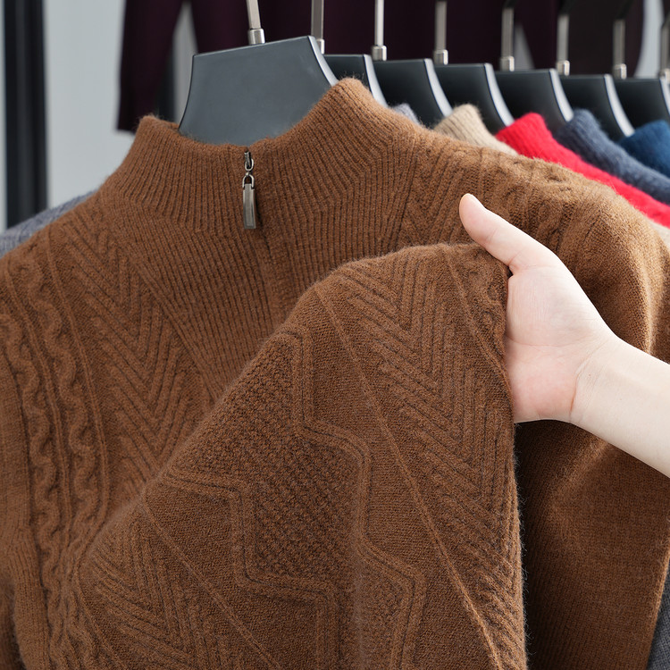 【精选100%羊绒专柜品质】冬季男士加厚保暖半高领半拉链针织毛衣潮