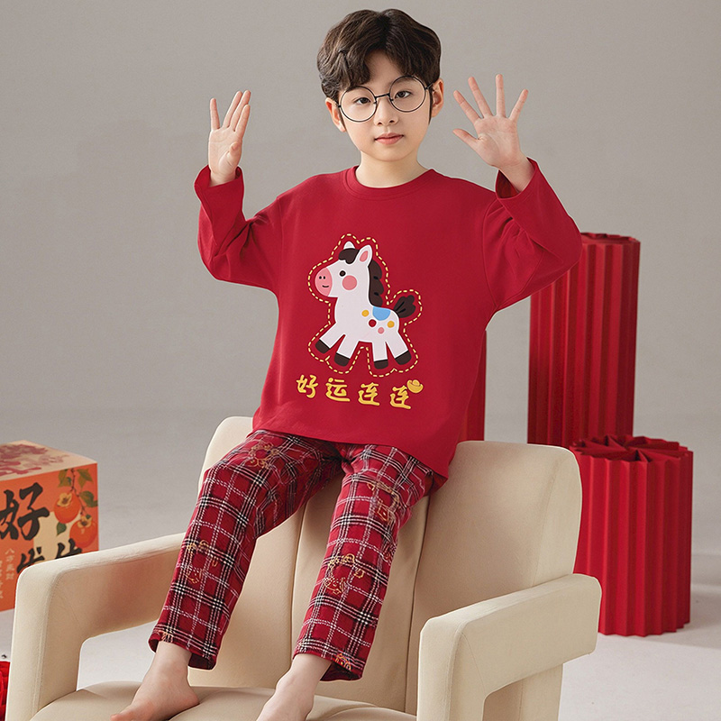 【新年限定】儿童睡衣春秋季2025年红色纯棉长袖卡通男童家居服套装