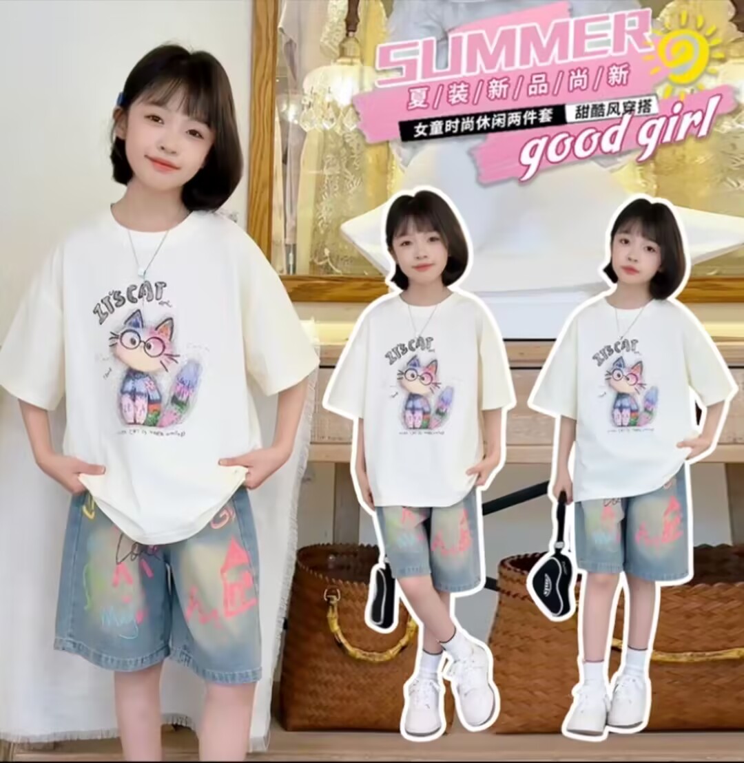 女童夏季半袖套装儿童2025新款甜酷卡通涂鸦五分裤两件套1215