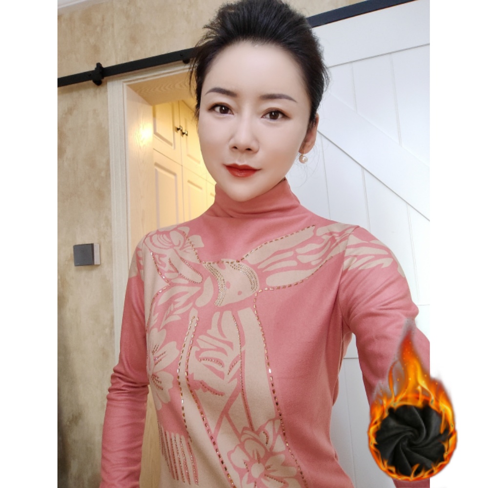 【自由鸟专属】加厚慕斯绒2025年秋冬新款半高领长袖女烫钻百搭T恤