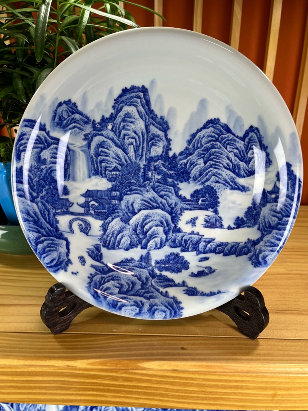 纯手工手绘釉下仿古泥青花两面绘工笔山水大壶承