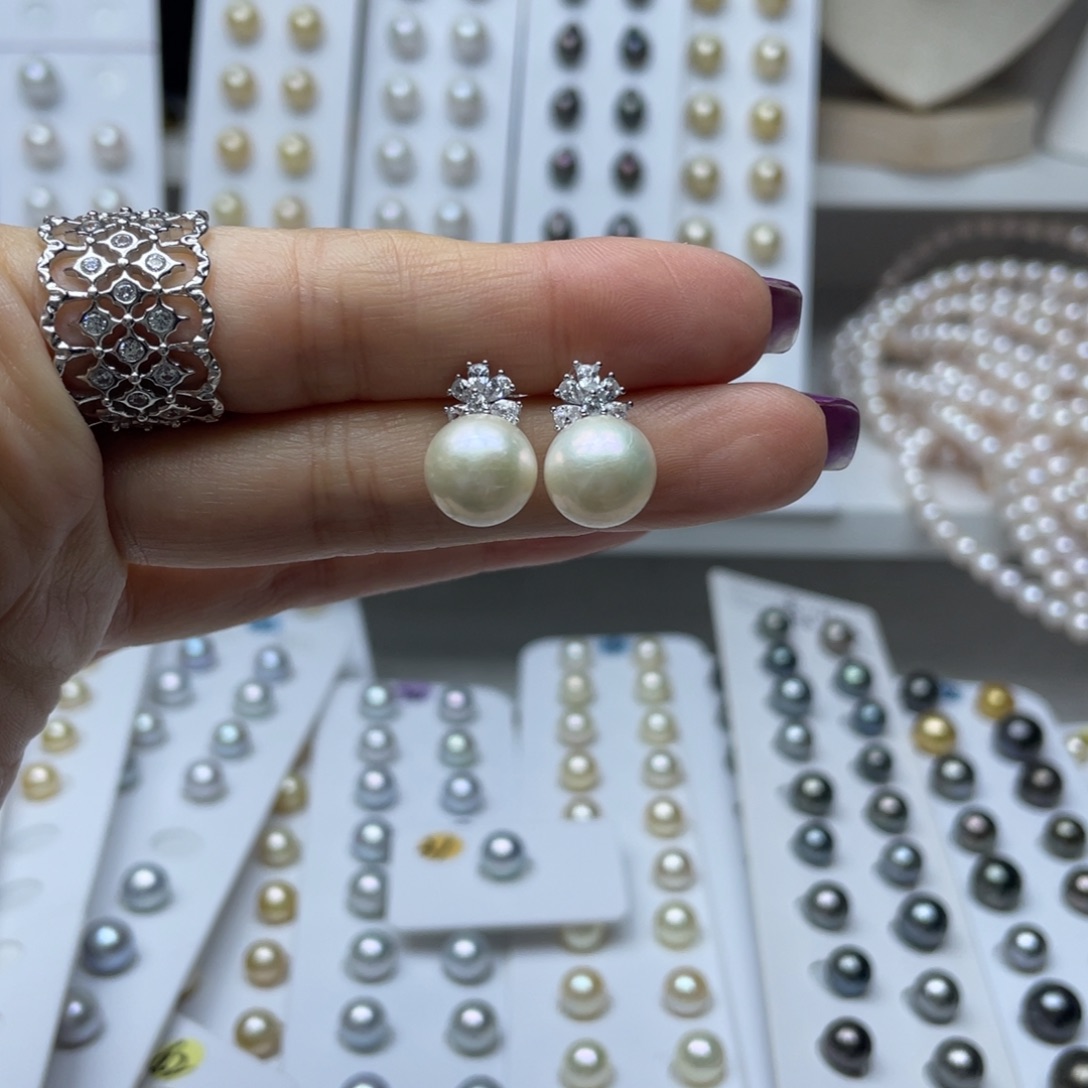 耳饰银S925镶嵌淡水珍珠