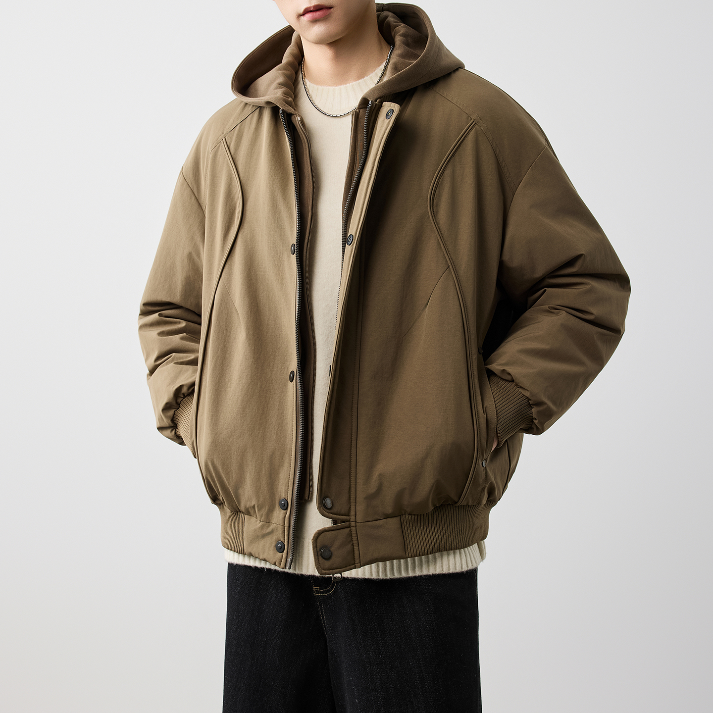 秋冬连帽加绒加厚款冬季保暖美式短款复古男士羽绒外套W5917