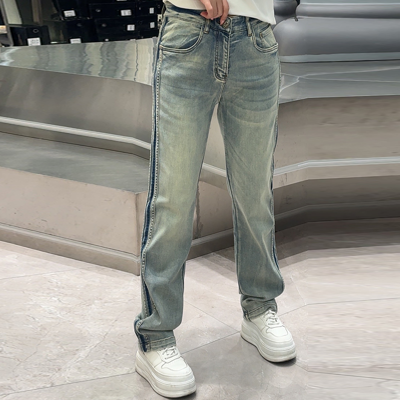 【华尔街名品】欧货怀旧复古侧边拼色高腰宽松阔腿直筒牛仔裤-6531