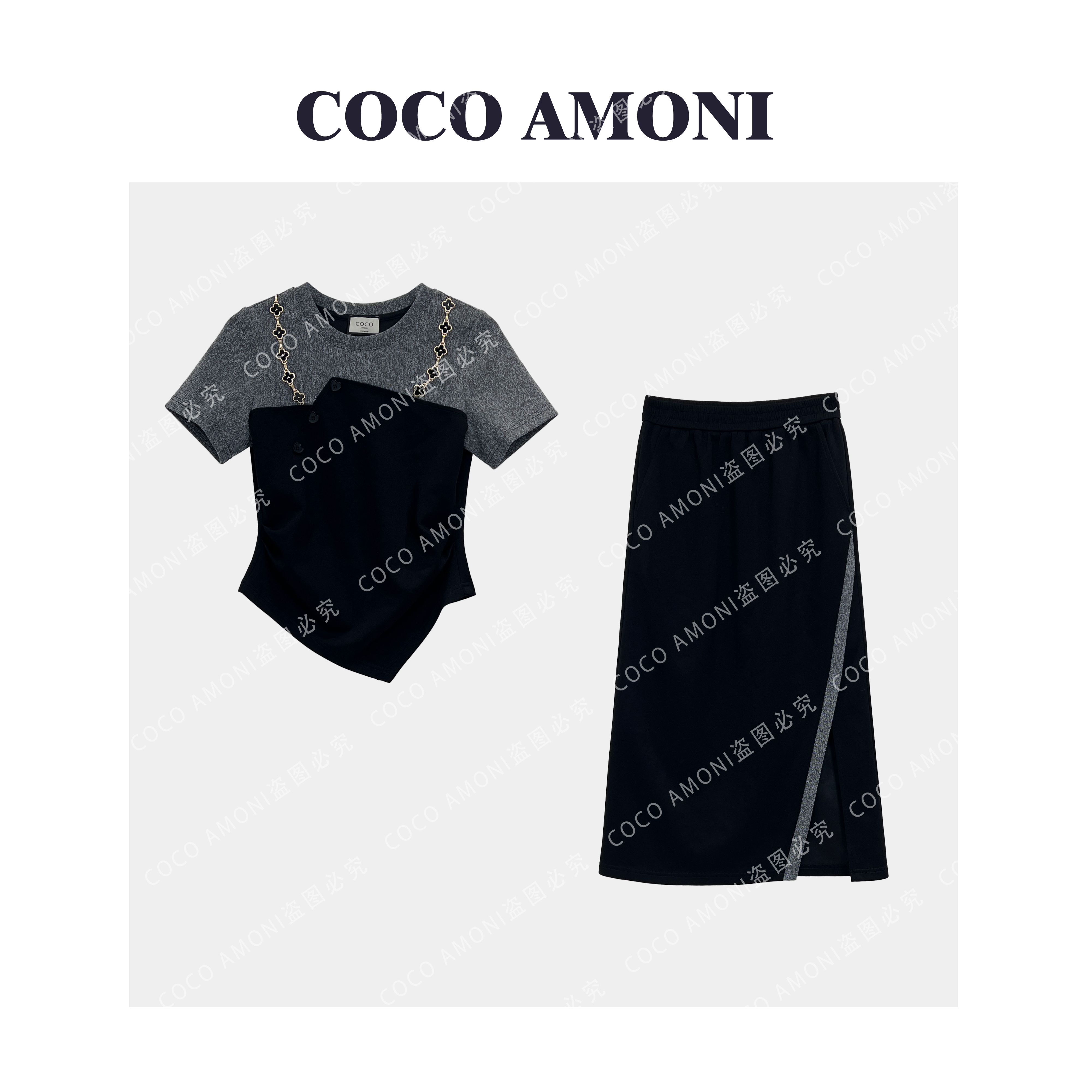 时尚夏日轻奢爆款套装假两件双肩设计上衣半身裙两件套ZQ958