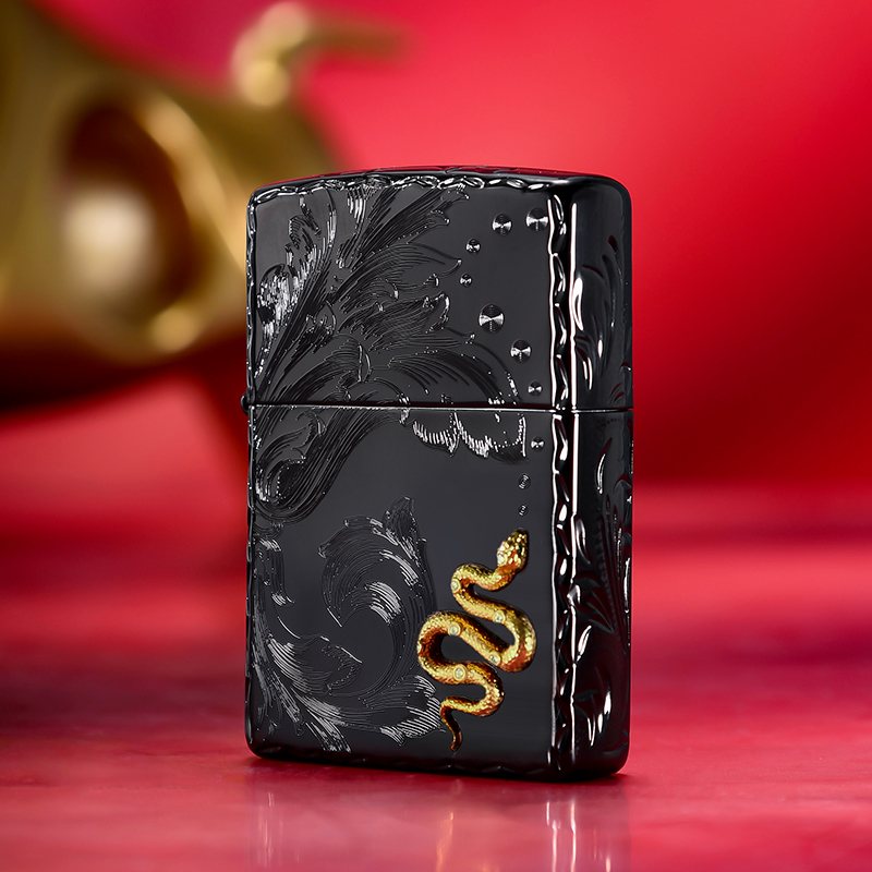 ZIPPO打火机银纹金蛇黑冰咬边送男生生日礼盒防风煤油定制DYJ1