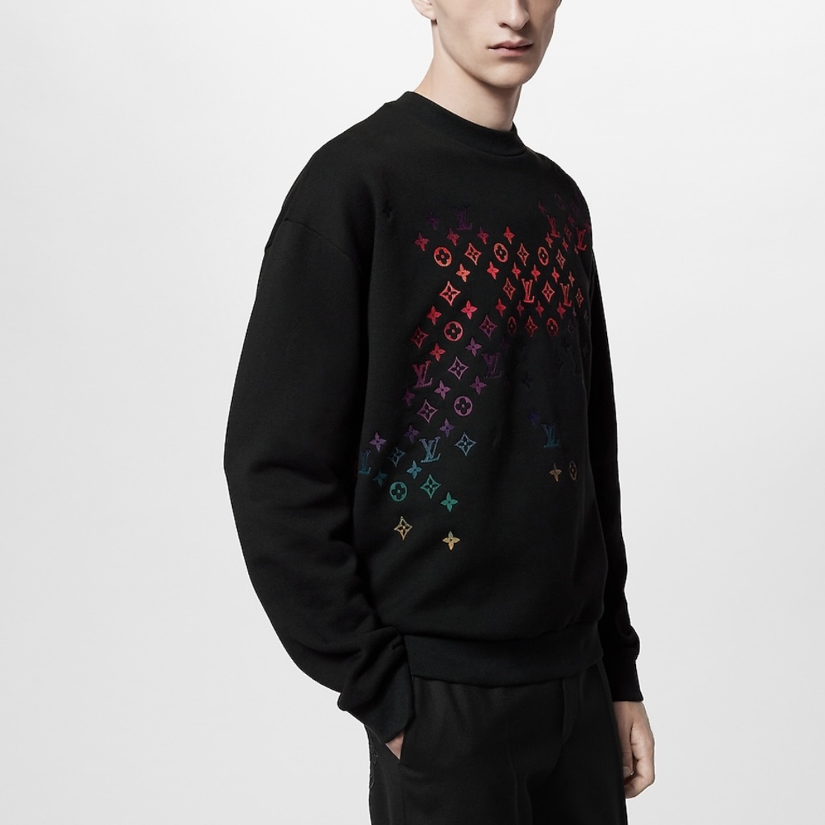 99新 LouisVuitton/路易威登 8009/FW23黑色Logo刺绣薄绒卫衣/M码