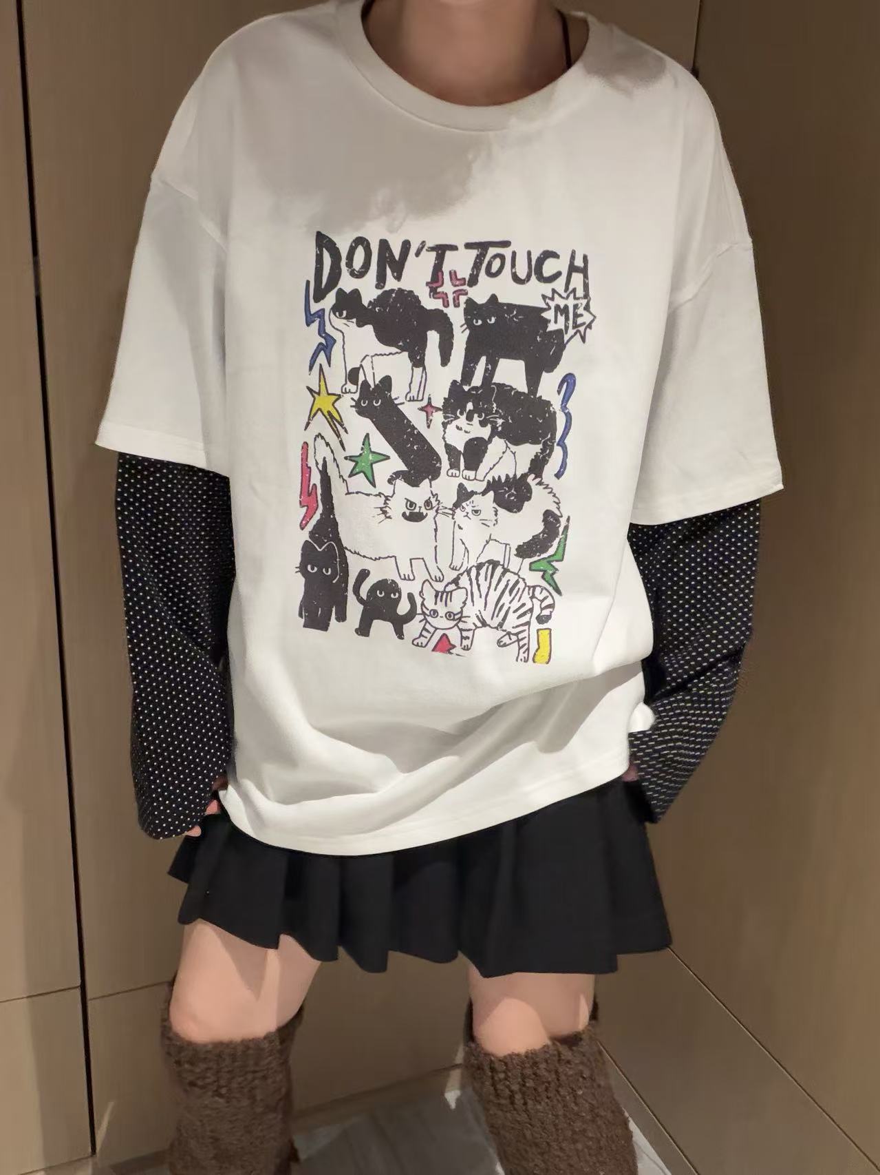 韩版秋季新款小猫波点假两件宽松上衣打底衫女