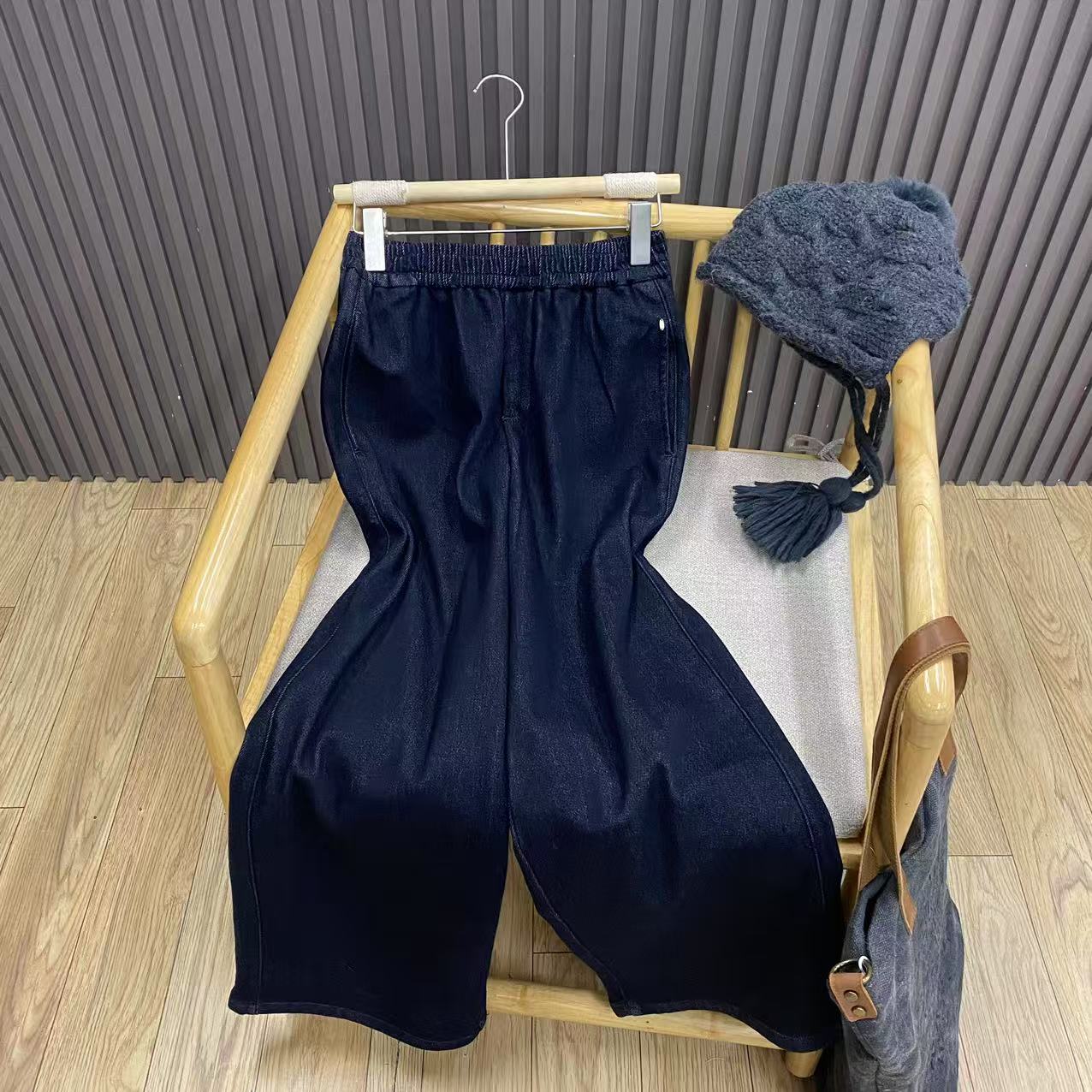 秋冬复古松紧高腰加绒牛仔裤宽松百搭显瘦保暖阔腿裤女K25219