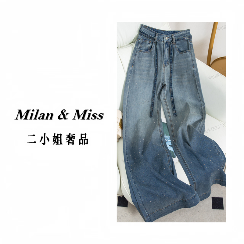 【二小姐】弹力天丝烫钻牛仔裤女2025夏季薄款阔腿裤莱赛尔宽松裤子