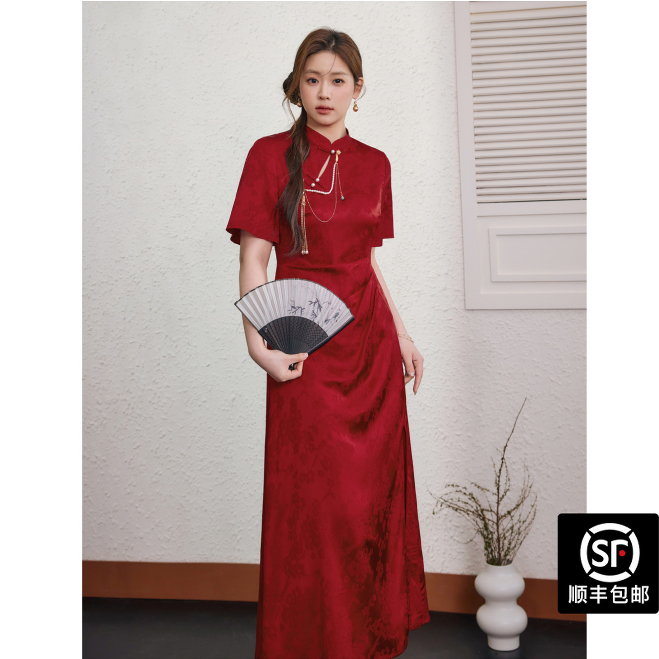 蓝语大码女装【国色芳华】新中式红色订婚旗袍夏季掐腰加宽加大女装