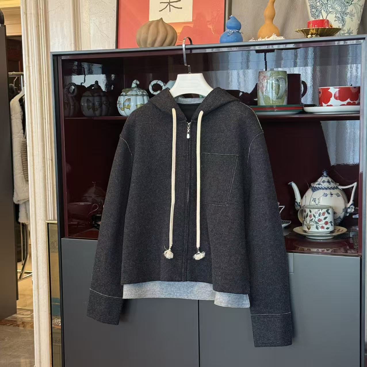 MYL 2026早春新款绵羊毛混纺连帽毛呢外套百搭灰色抽绳上衣