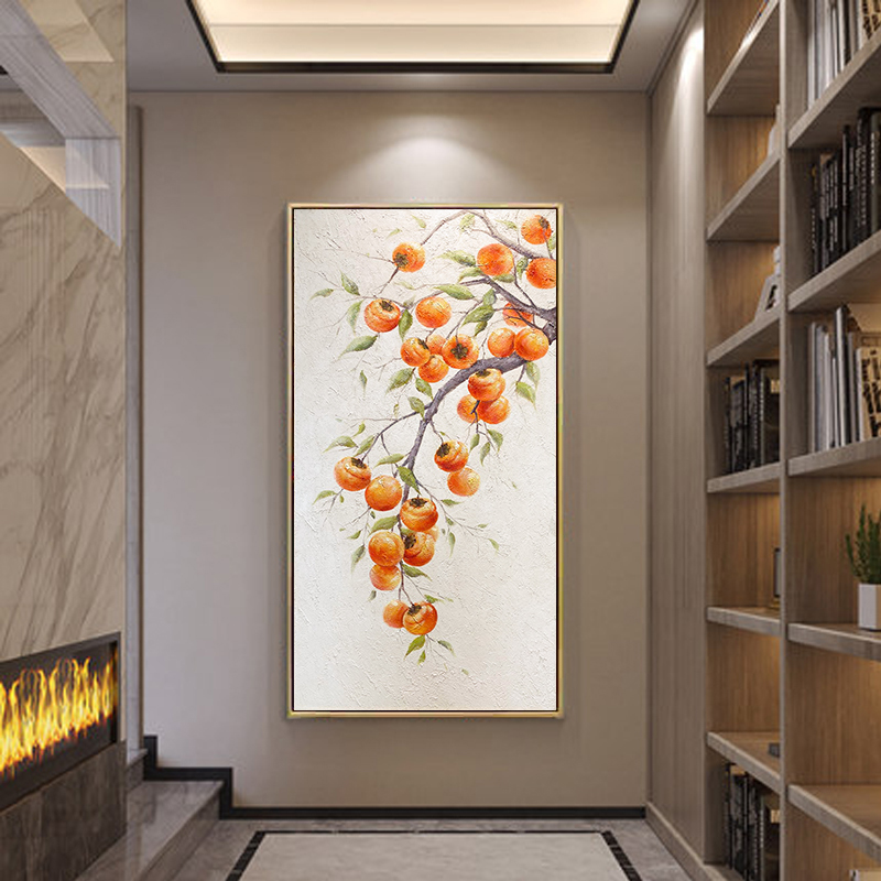 手绘油画《柿柿如意》肌理装饰画走廊过道竖版挂画现代原木风玄关画