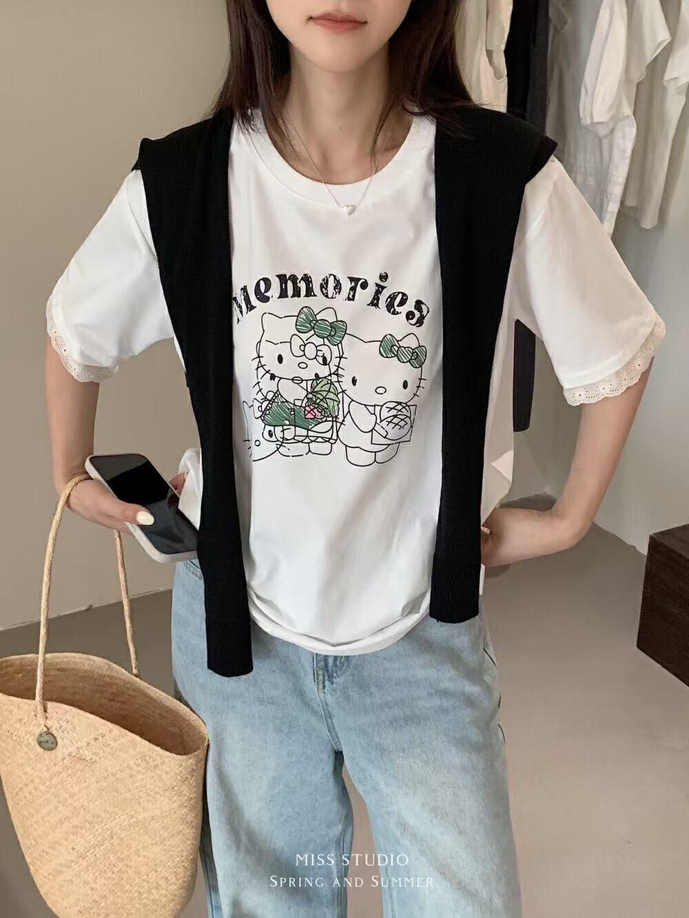 密思@88946 韩系简约百搭kt猫印花宽松短袖T恤 6-12