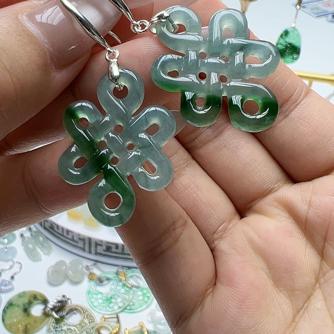 银S925镶嵌翡翠耳饰天然缅甸A货翡翠
